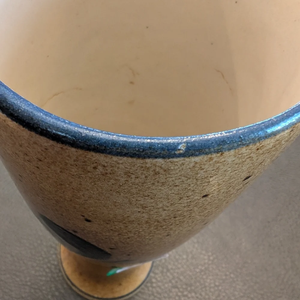 Vintage Stoneware Pottery Vase Blue Flower Decorated Vase 9.5” Tall